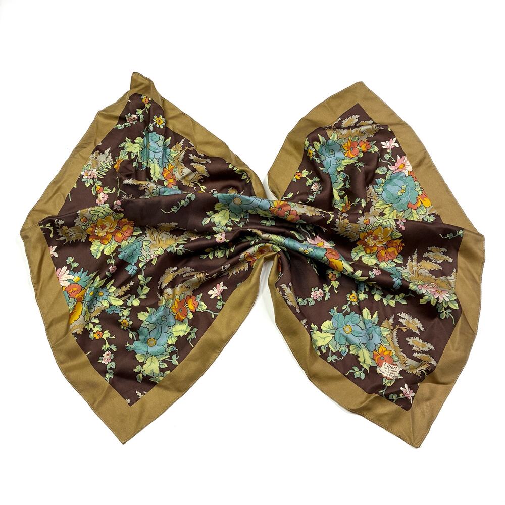 Liberty of London Vintage Silk Scarf Brown Floral 22.5” Square